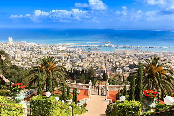 City of Haifa in Israel with the Bahai Garden and the habor in the back fotografía